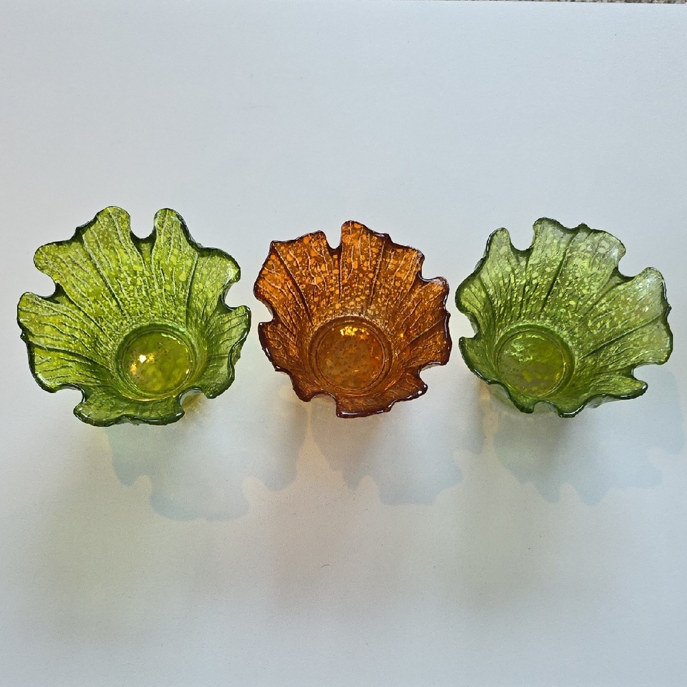 Fall Glass Candle Holders - Set of Three Leaf Shaped Antique Glass